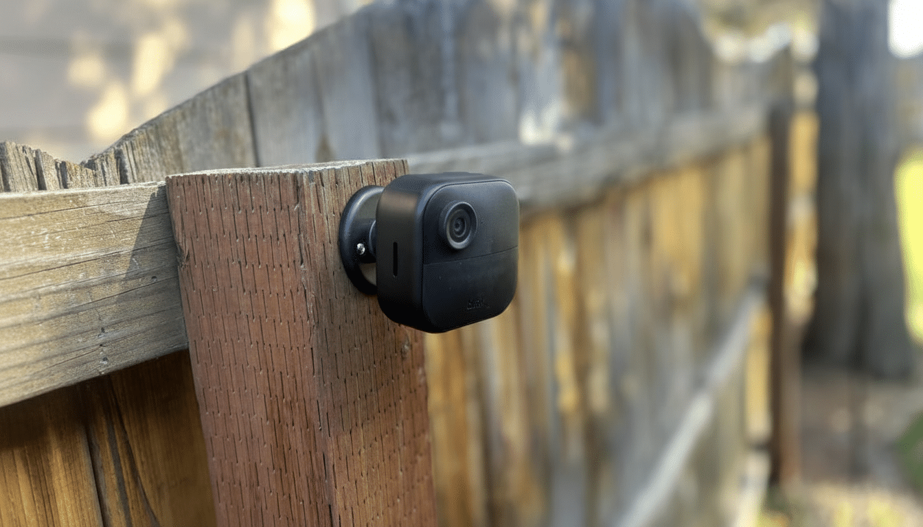 A black security camera mounted on a wooden fence.