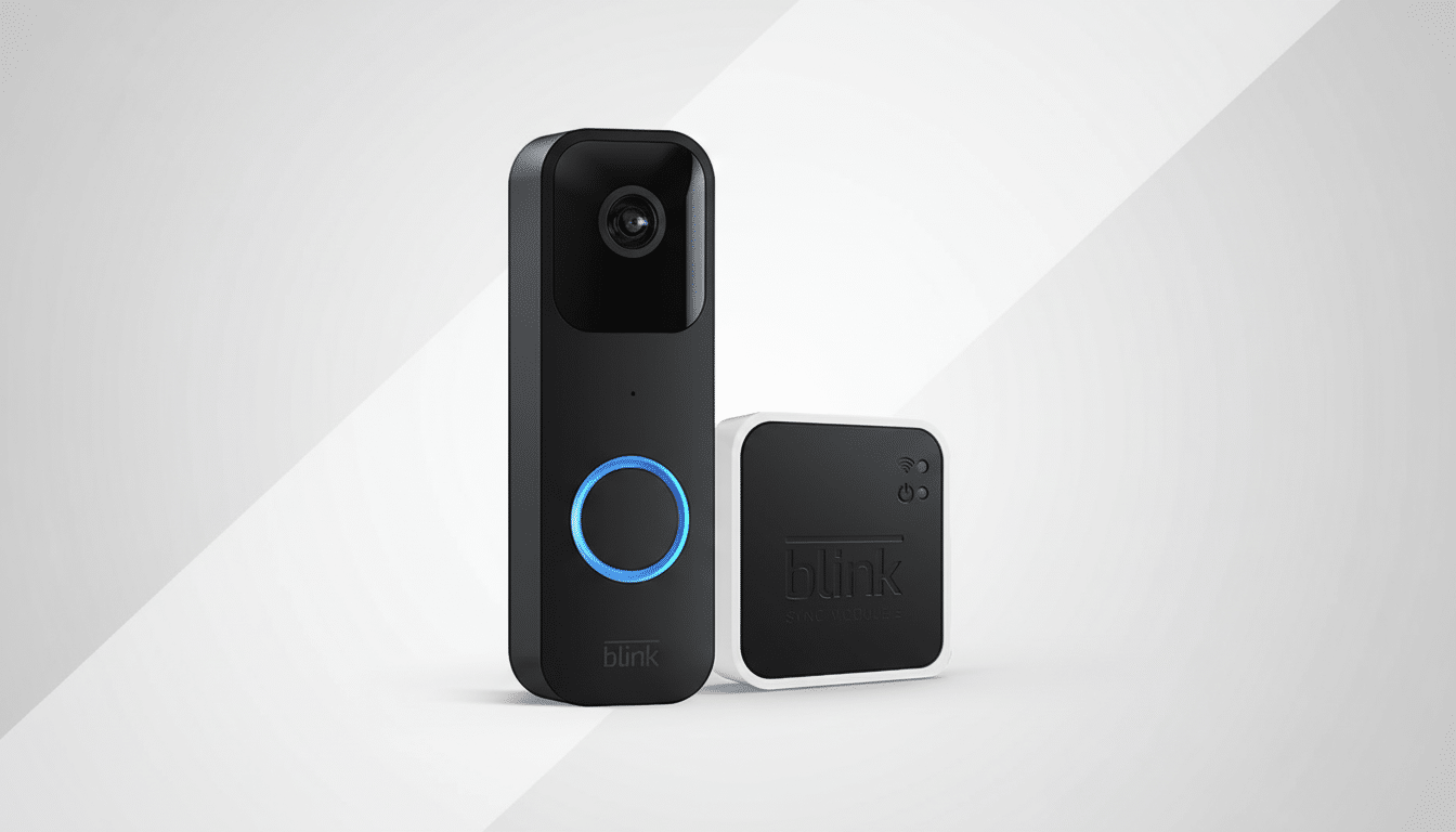 A black Blink video doorbell with a glowing blue ring and a black and white Blink Sync Module, presented on a professional flat design background with soft patterns.