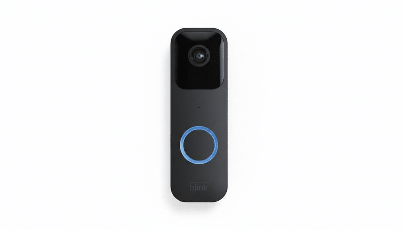 A black Blink video doorbell with a blue illuminated ring around the button, presented on a clean white background.