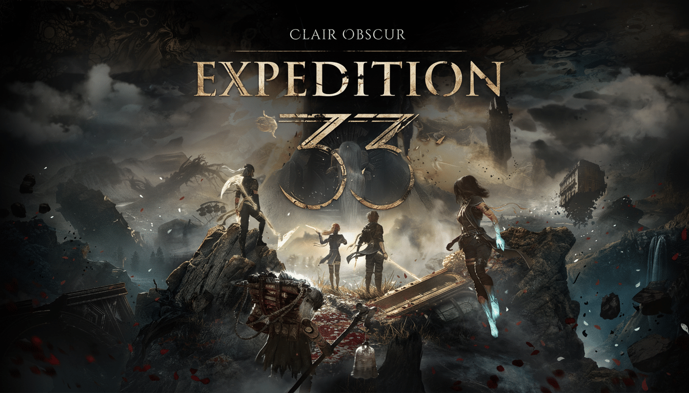 The Clair Obscur Expedition 33 video game title card, featuring a group of adventurers in a dark, fantastical landscape.