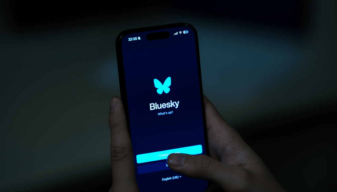 A person holding a smartphone displaying the Bluesky app login screen with a butterfly logo and Whats up? text, resized to a 16:9 aspect ratio.