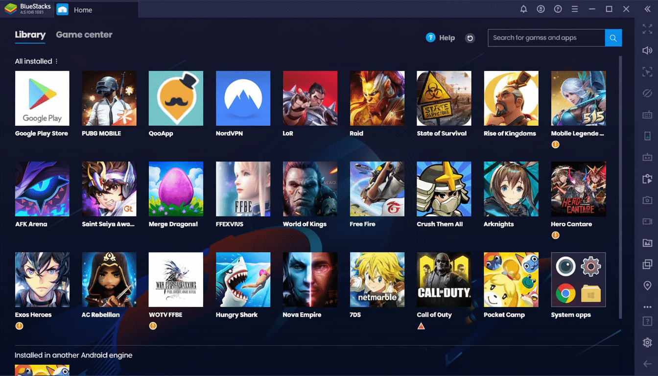 A screenshot of the BlueStacks Android emulator interface, displaying a grid of various mobile game icons and system apps.