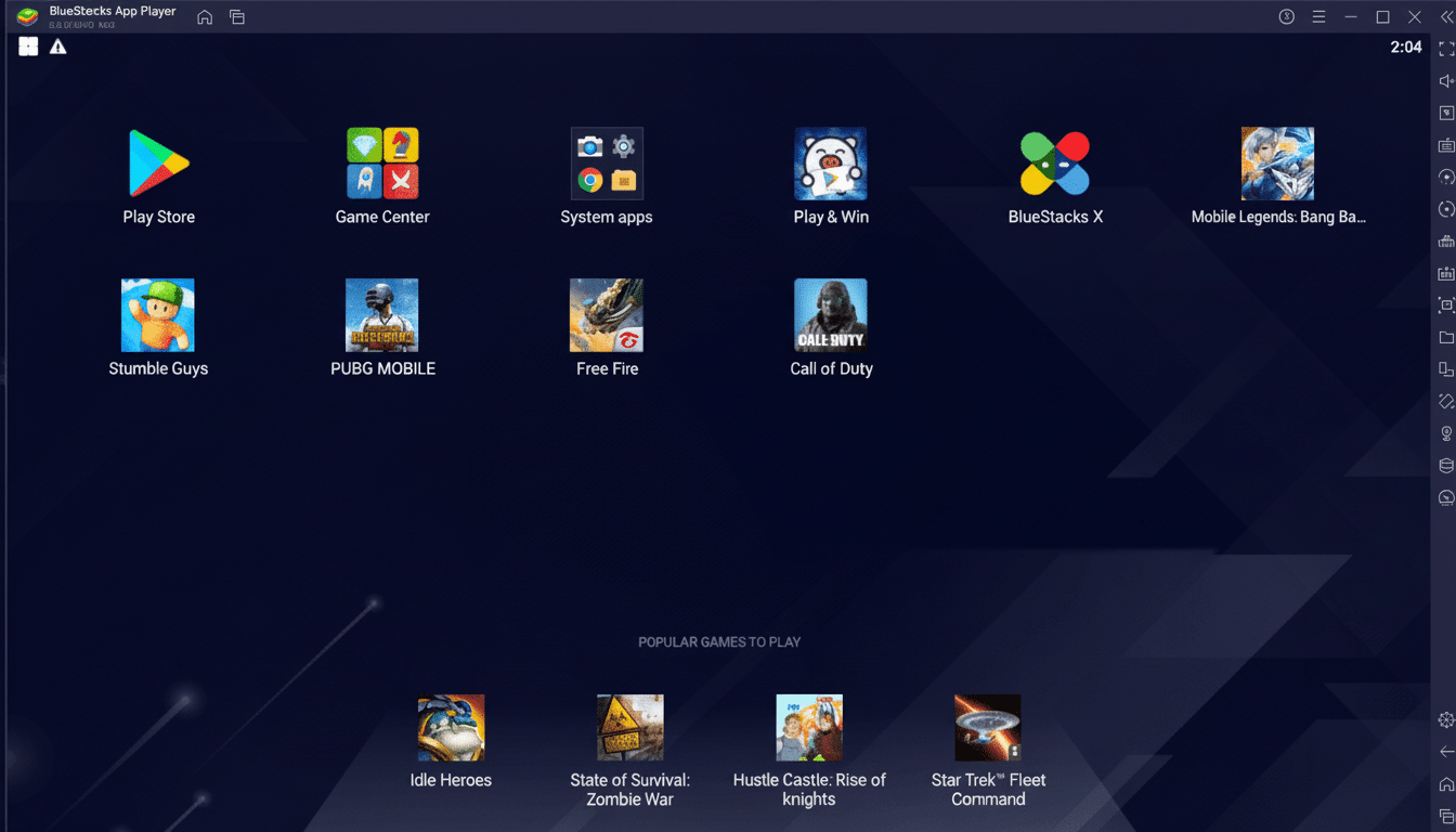 A screenshot of the BlueStacks App Player interface, displaying various game icons and app categories on a dark blue background with subtle geometric patterns.