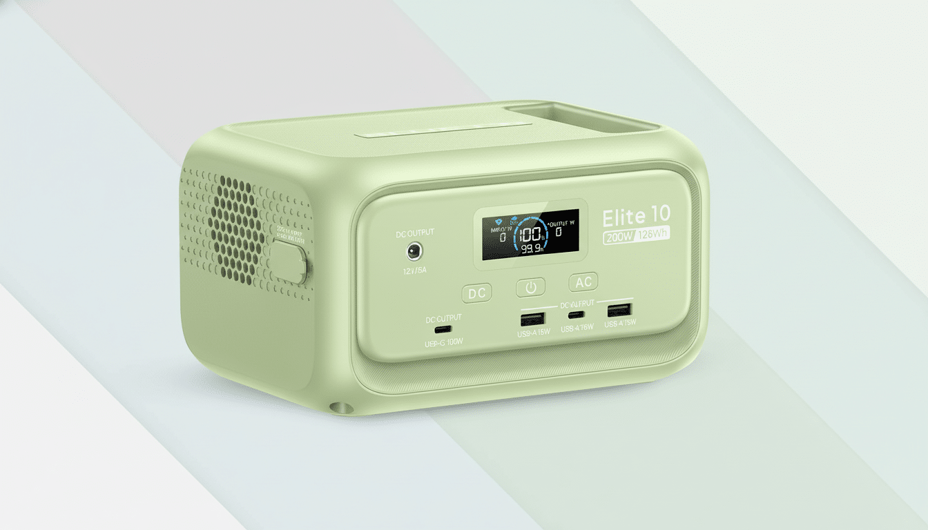 A light green portable power station with a digital display and multiple ports, set against a professional flat design background with soft, diagonal color gradients.