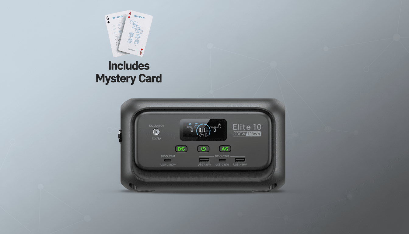 A Bluetti Elite 10 portable power station with a Includes Mystery Card graphic and two playing cards (a 6 of spades and a 4 of hearts) floating above it, set against a professional flat design background with soft patterns and gradients.