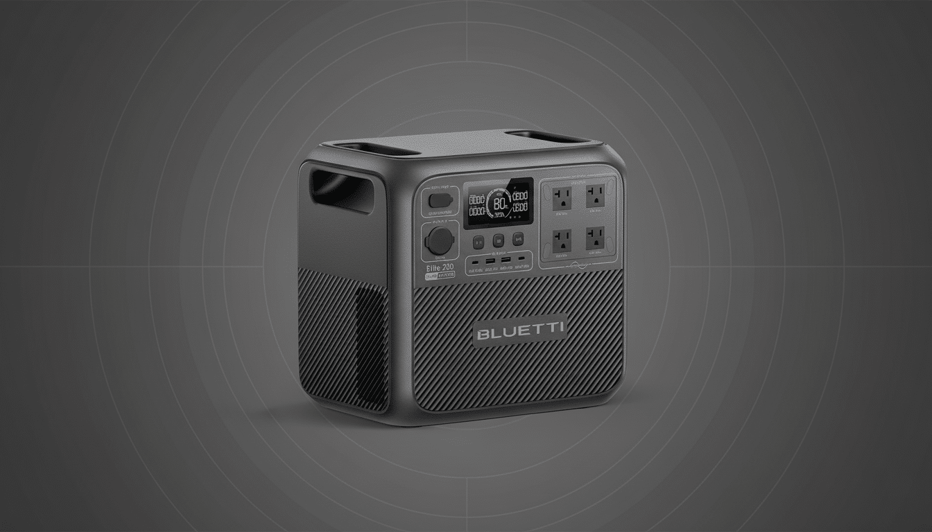 A Bluetti Elite 200 portable power station with a dark gray, subtly patterned background.