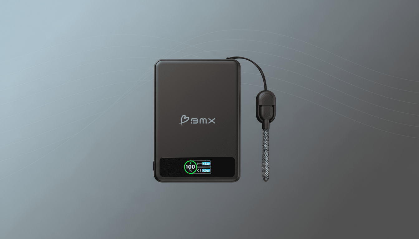 A dark gray portable charger with a digital display showing 100% charge and power output details, set against a professional flat design background with a soft gray gradient.