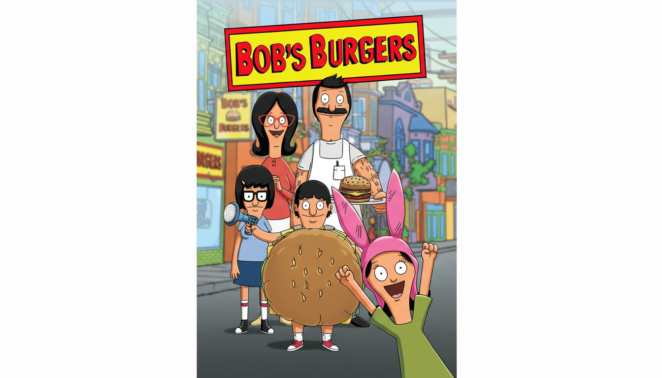 The Bobs Burgers family stands in front of their restaurant, resized to a 16:9 aspect ratio with a white background.