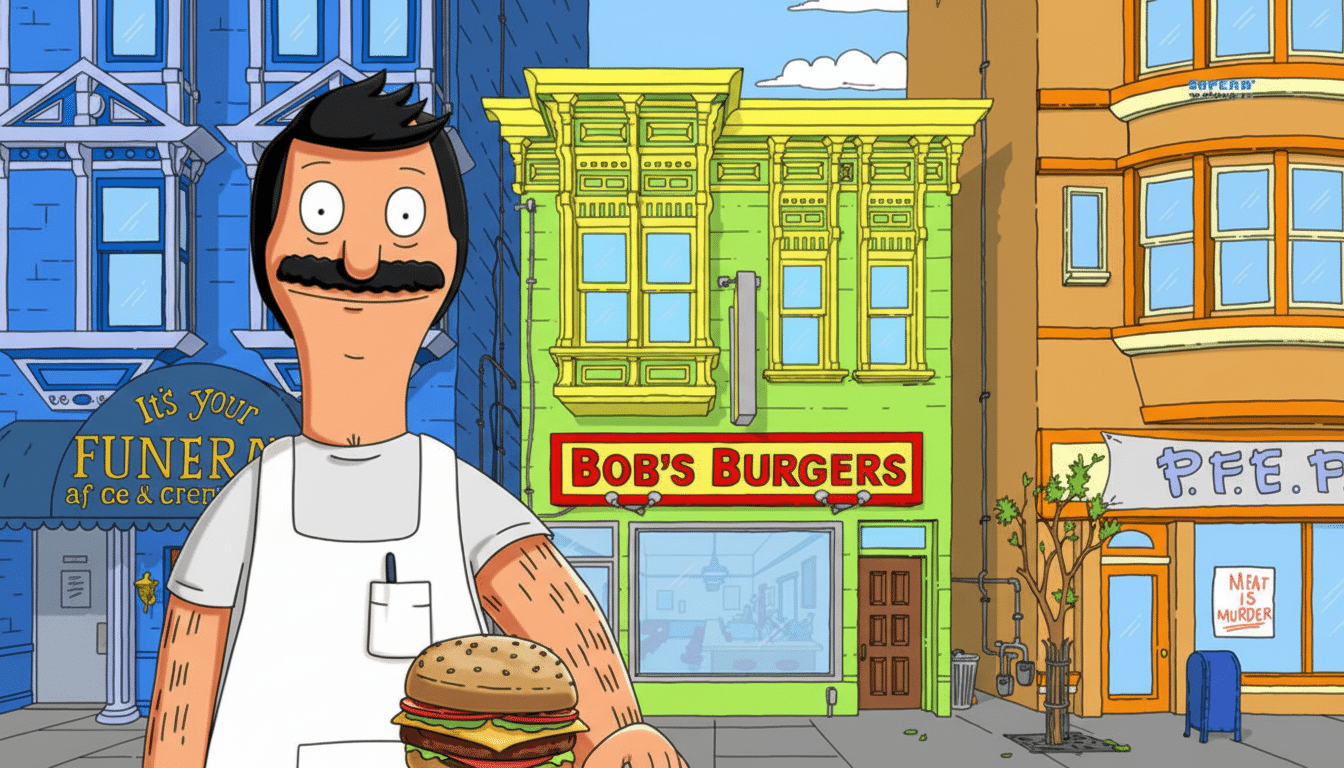 Bob Belcher from Bobs Burgers holding a burger in front of his restaurant.
