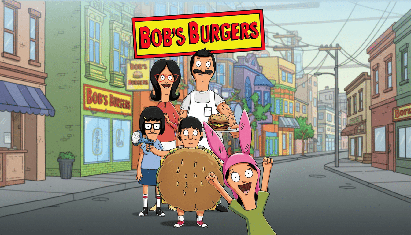The Bobs Burgers family stands on a street in front of their restaurant, with the shows logo above them.