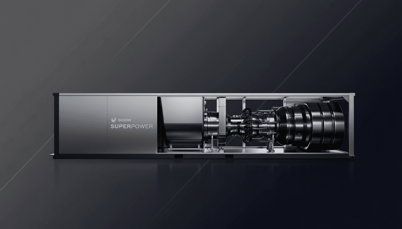 A professional, enhanced image of the Boom Superpower engine in a 16:9 aspect ratio, set against a dark, subtly patterned gradient background.