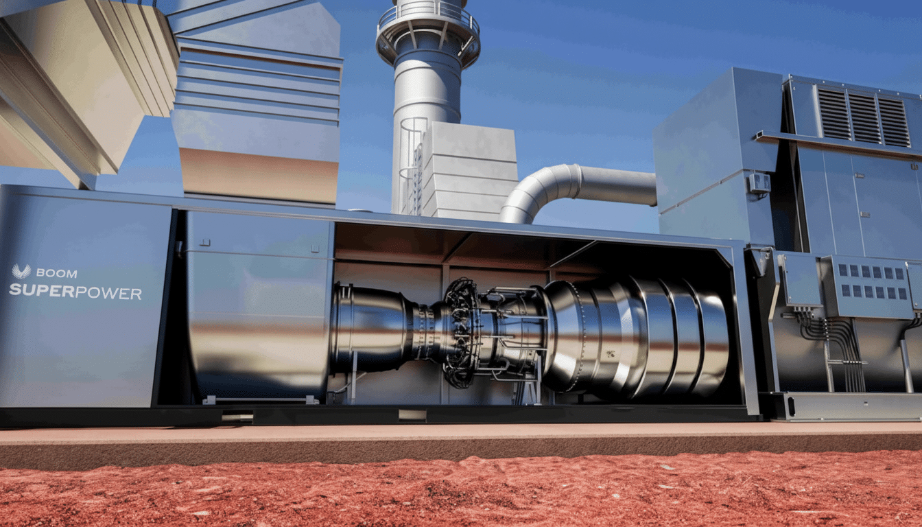 A large, metallic industrial engine, labeled BOOM SUPERPOWER, is housed within an open-sided container, with a tall industrial tower and other machinery in the background under a clear sky.