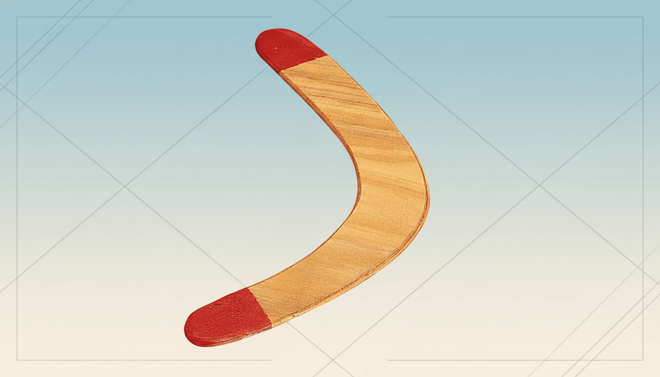 A wooden boomerang with red tips, set against a professional flat design background with soft patterns and a gradient.