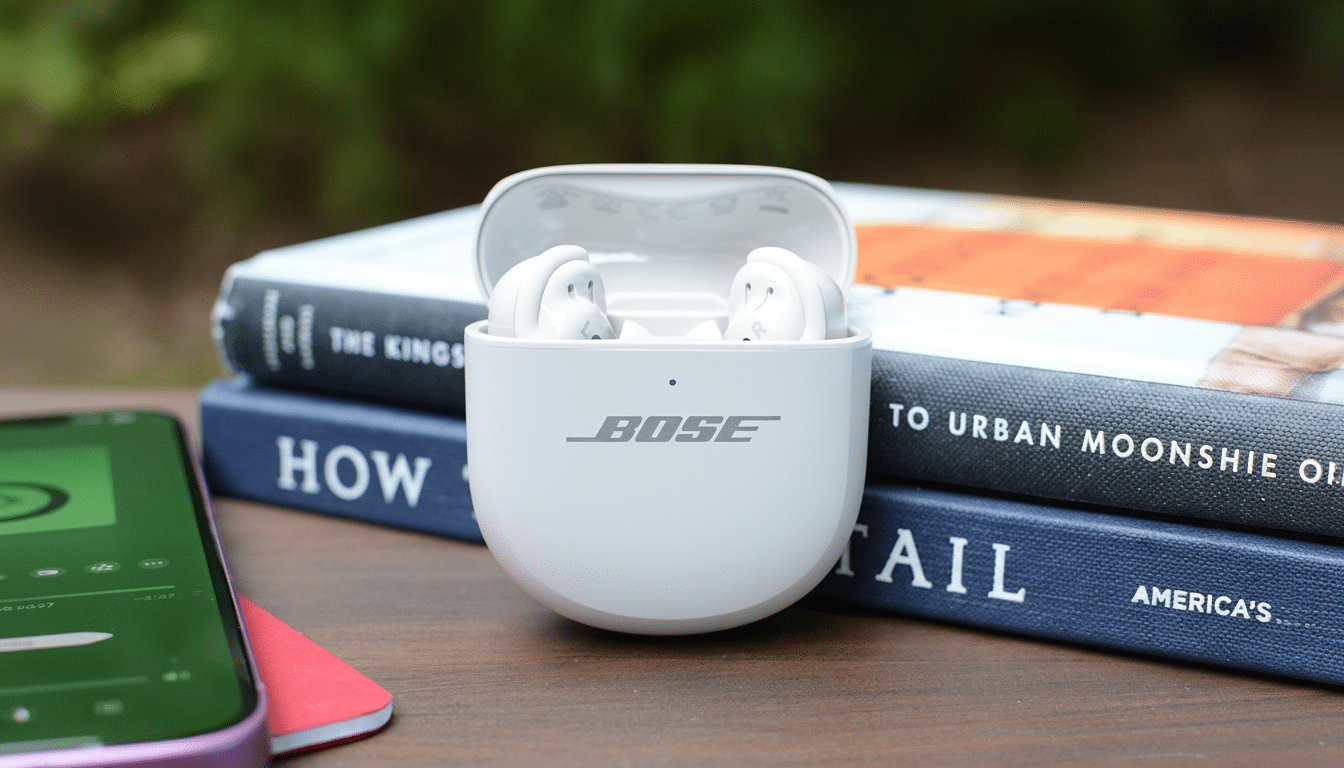 A pair of white Bose QuietComfort Earbuds II in their open charging case, resting on a wooden surface in front of two stacked books. A smartphone with a green screen is visible on the left.