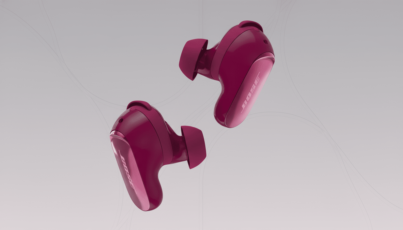 A pair of deep pink Bose QuietComfort Earbuds II are shown at a slight angle, with the Bose logo visible on the side of each earbud. The background is a professional flat design with soft patterns and gradients.