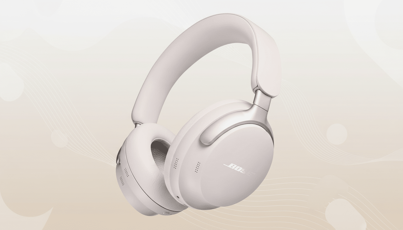 A pair of light pink Bose noise-cancelling headphones on a soft, gradient background with subtle wave patterns.