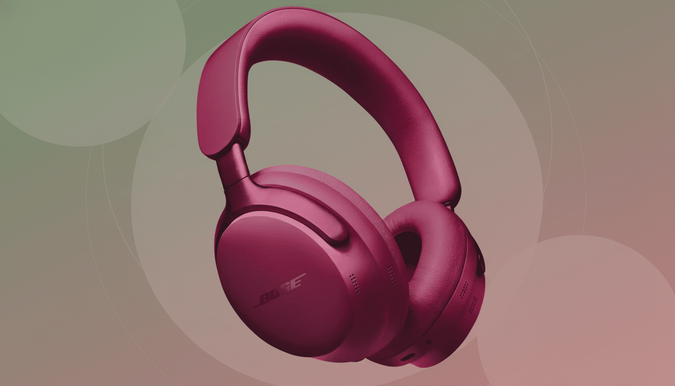 A pair of Bose headphones in a deep magenta color, presented on a professional flat design background with soft gradients and subtle circular patterns.