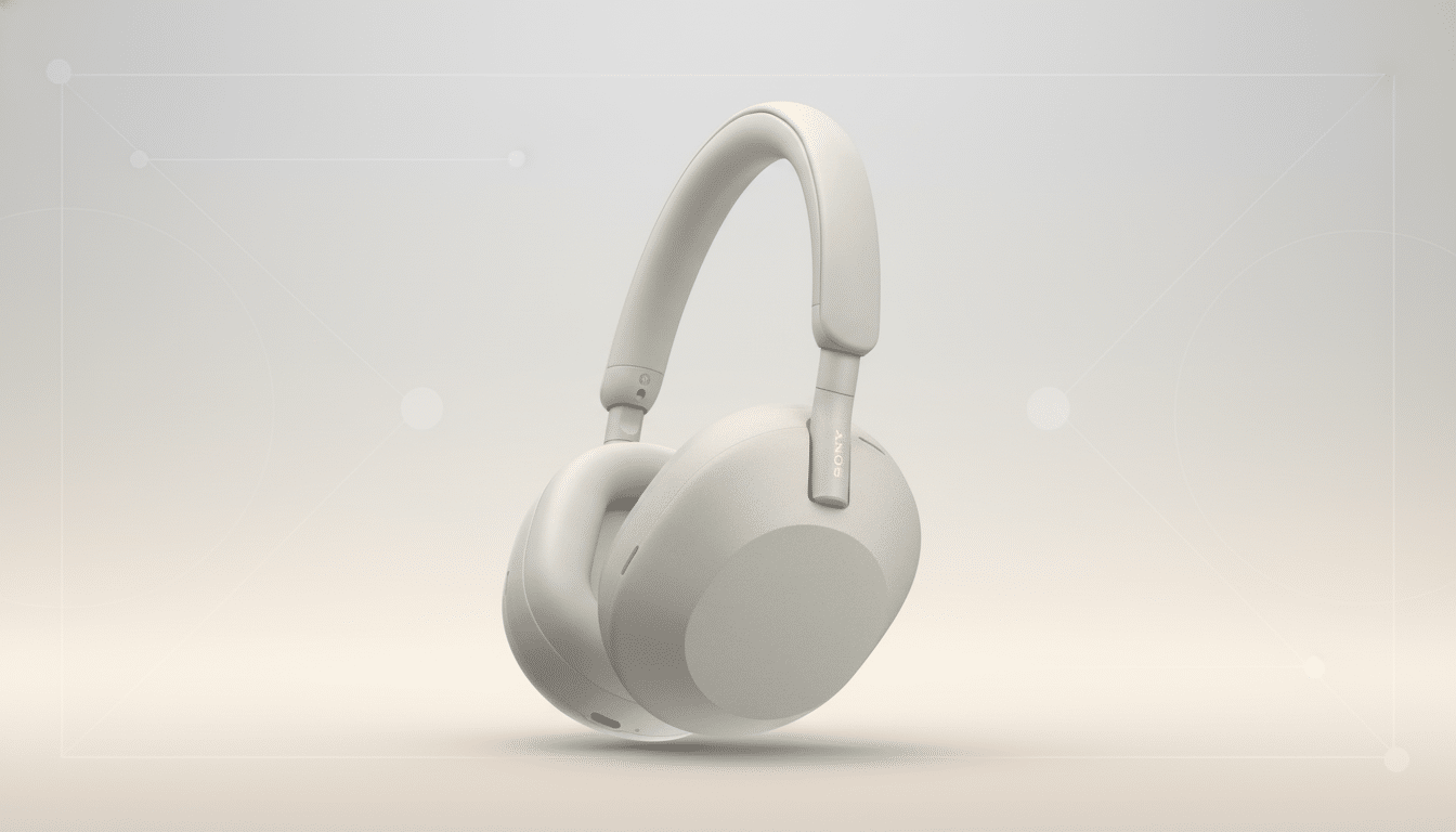A pair of light beige Sony over-ear headphones with a professional flat design background featuring soft patterns and gradients.