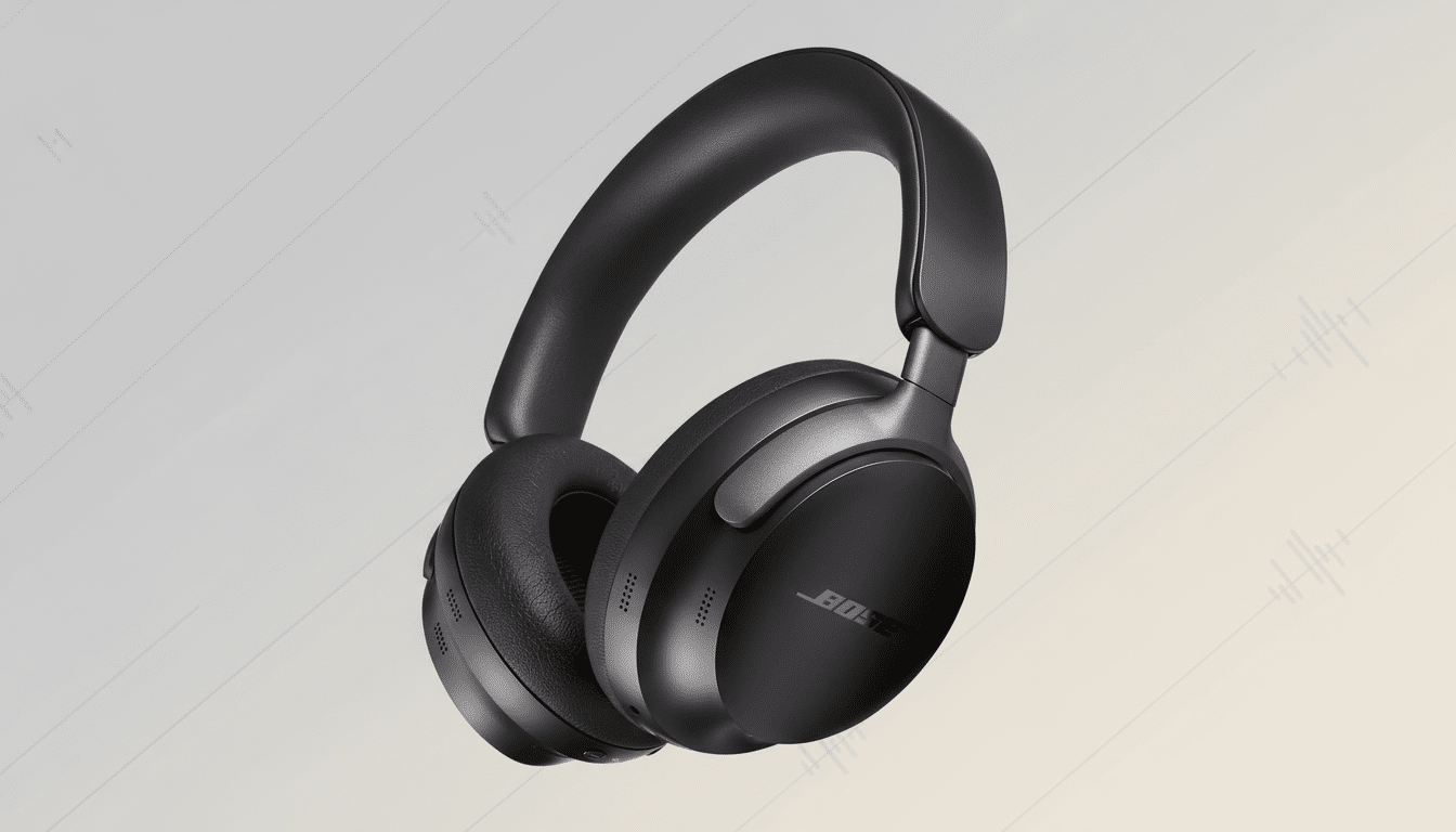 A pair of black Bose noise-canceling headphones on a professional flat design background with soft patterns.