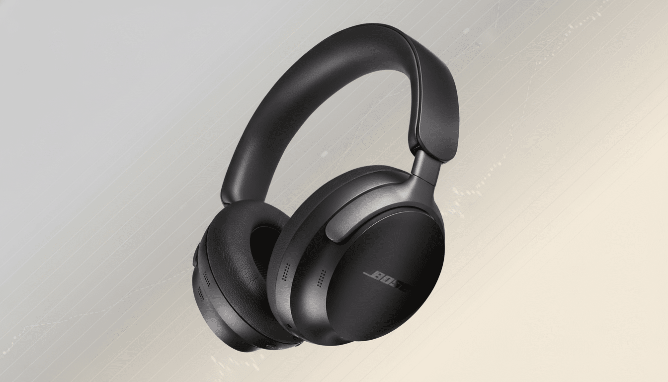 A pair of black Bose noise-cancelling headphones on a professional flat design background with soft patterns and gradients, resized to a 16:9 aspect ratio.
