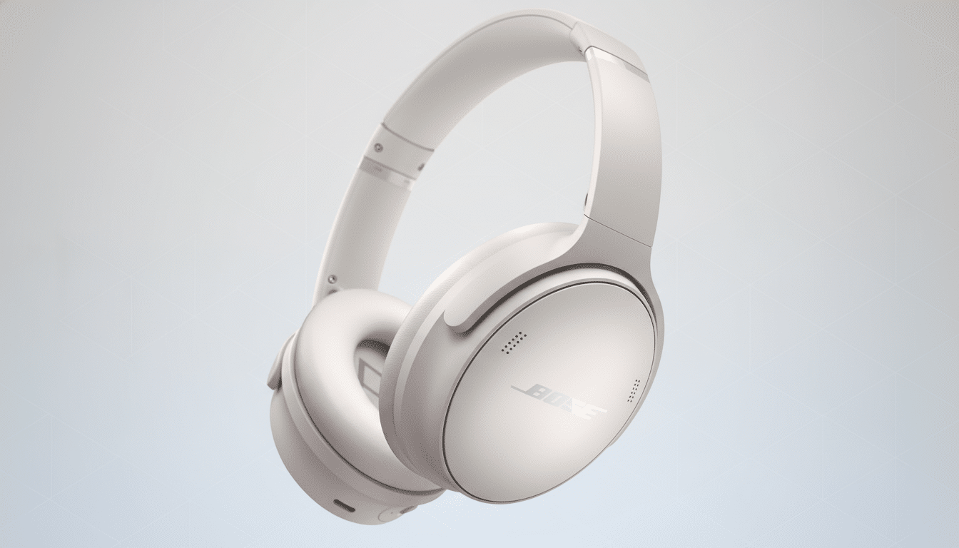 A pair of white Bose noise-cancelling headphones on a professional light gray background with subtle geometric patterns.