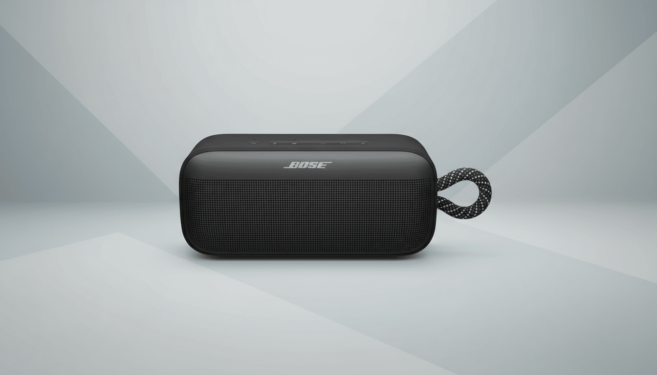 A black Bose portable speaker with a braided loop handle on a professional flat design background with soft patterns.