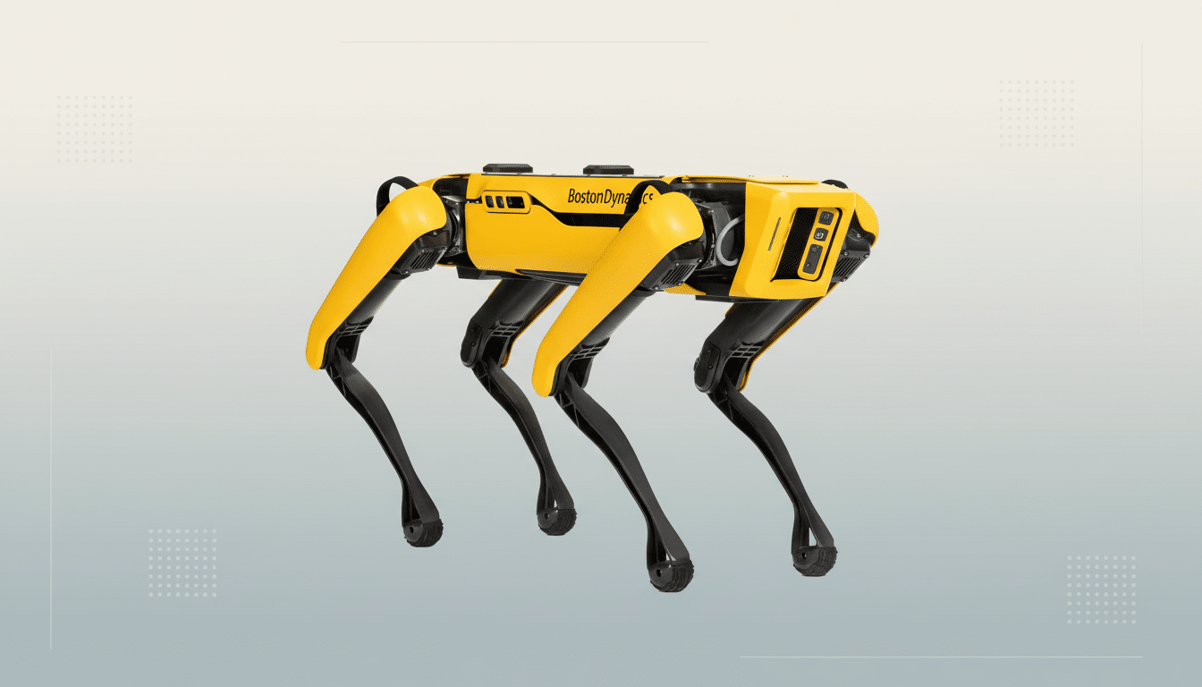 A Boston Dynamics Spot robot, yellow and black, is shown in a 16:9 aspect ratio on a professional flat design background with soft patterns and gradients.