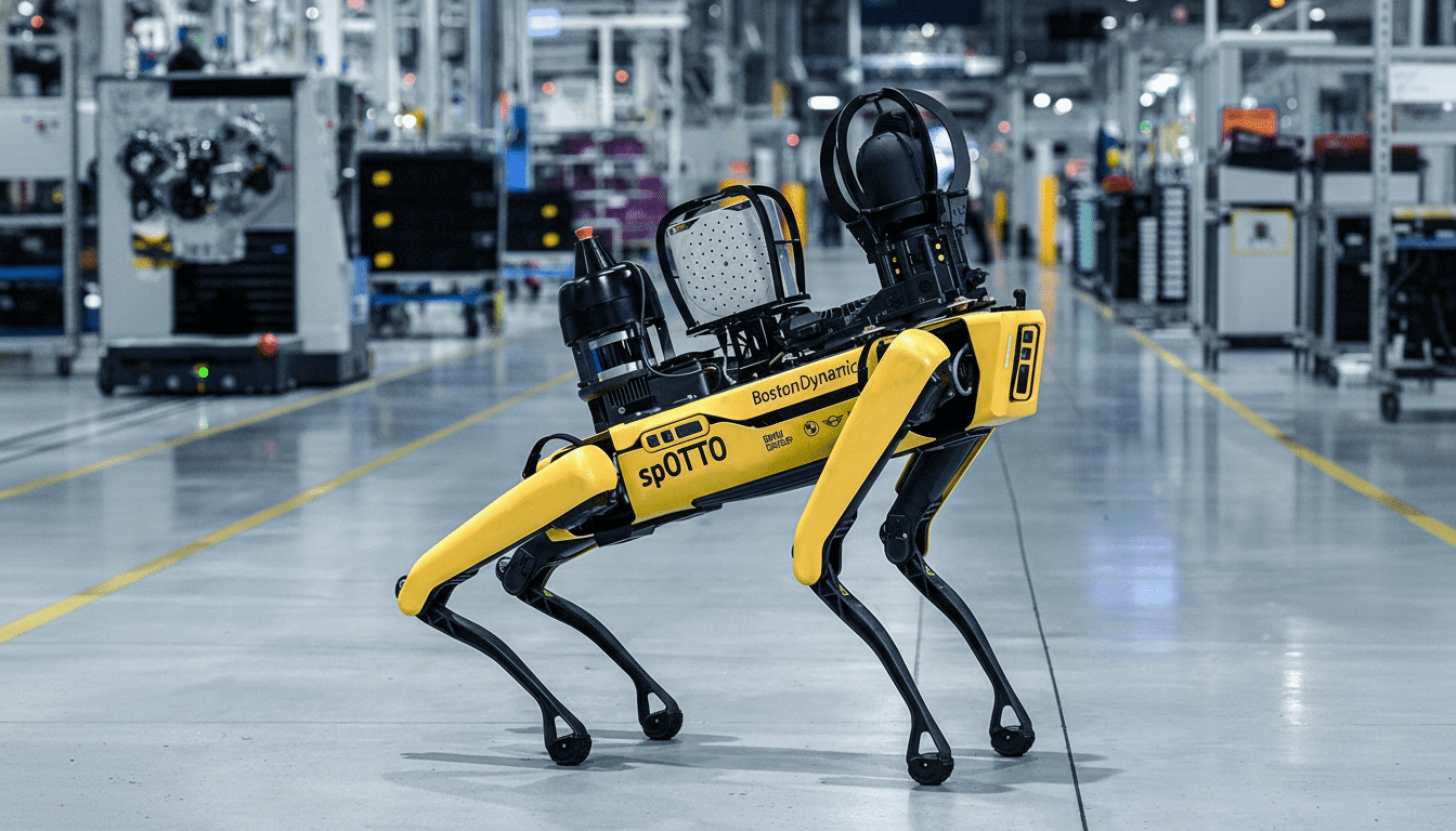A yellow and black Boston Dynamics Spot robot, labeled spOTTO, stands in a factory setting, resized to a 16:9 aspect ratio.