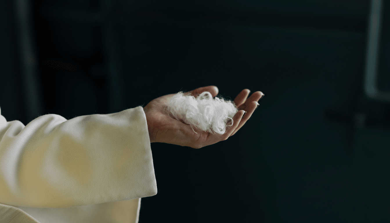 A hand holding a fluffy white material, resized to a 16:9 aspect ratio with the original background maintained.