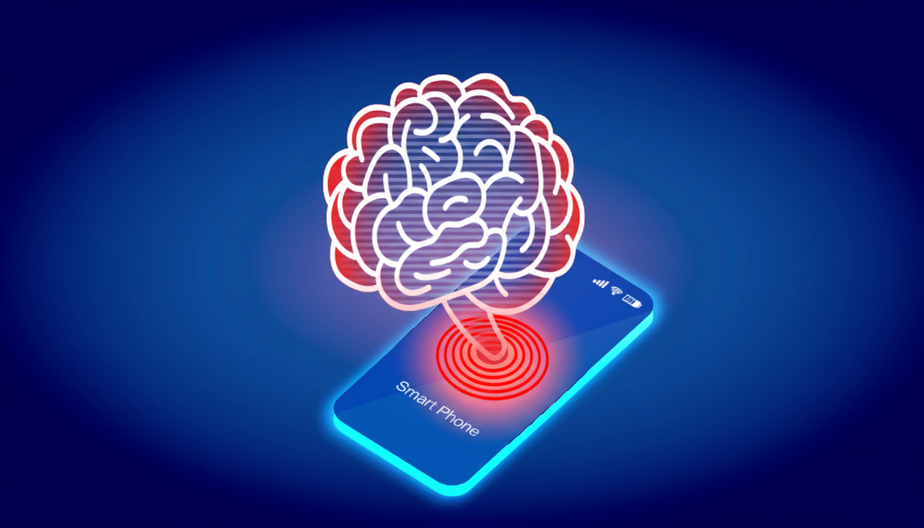A stylized brain icon with a red glow connected to a smartphone, set against a professional blue background.