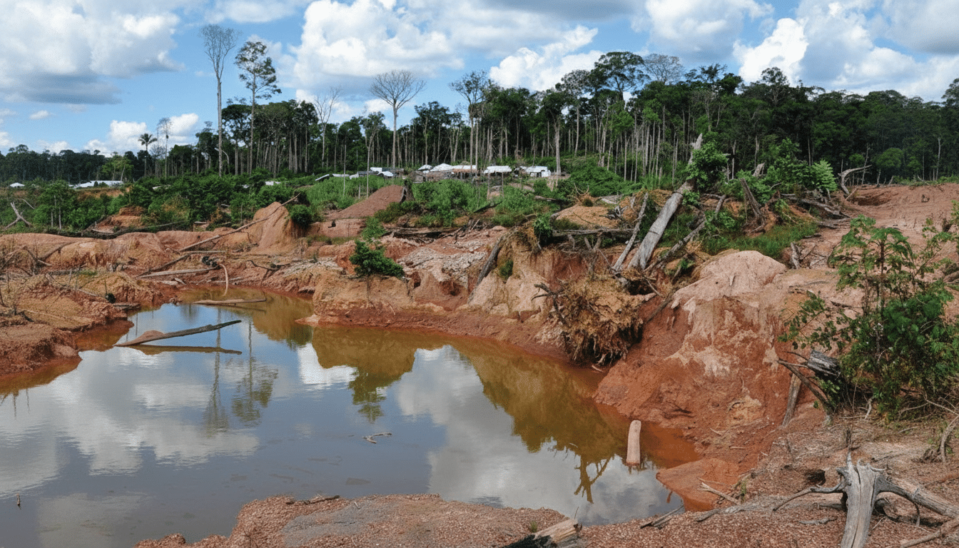 A wide shot of a deforested area with a muddy pool of water in the foreground, surrounded by reddish-brown earth and fallen trees. In the background, a dense line of green trees marks the edge of a forest under a partly cloudy sky.