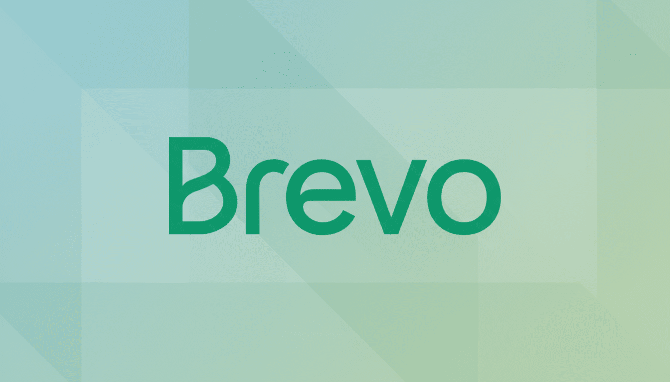 The Brevo logo, featuring the word Brevo in a green sans-serif font, centered on a professional 16:9 aspect ratio background with a soft blue-green gradient and subtle geometric patterns.