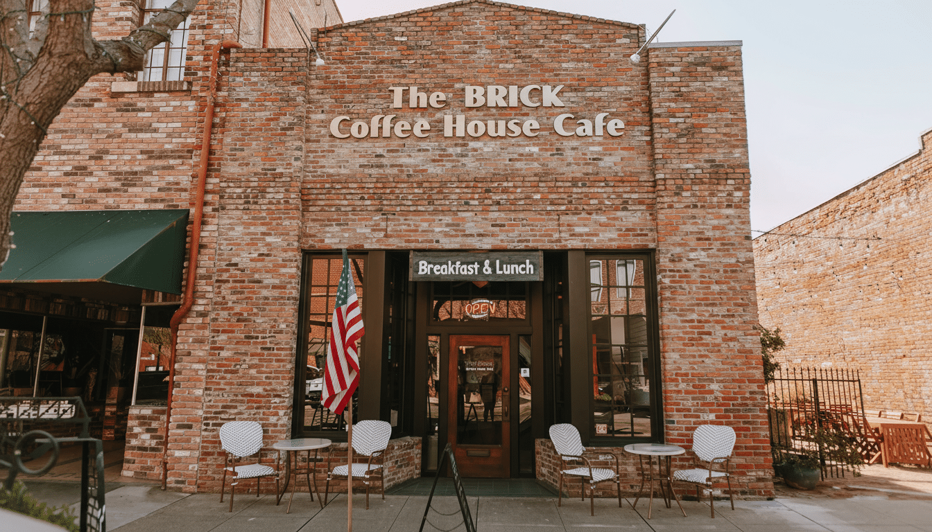 The Brick Coffee House Cafe building with an American flag and outdoor seating.