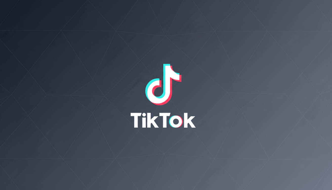 The TikTok logo, featuring a stylized musical note in white with cyan and red outlines, centered on a dark gray background with subtle geometric patterns.