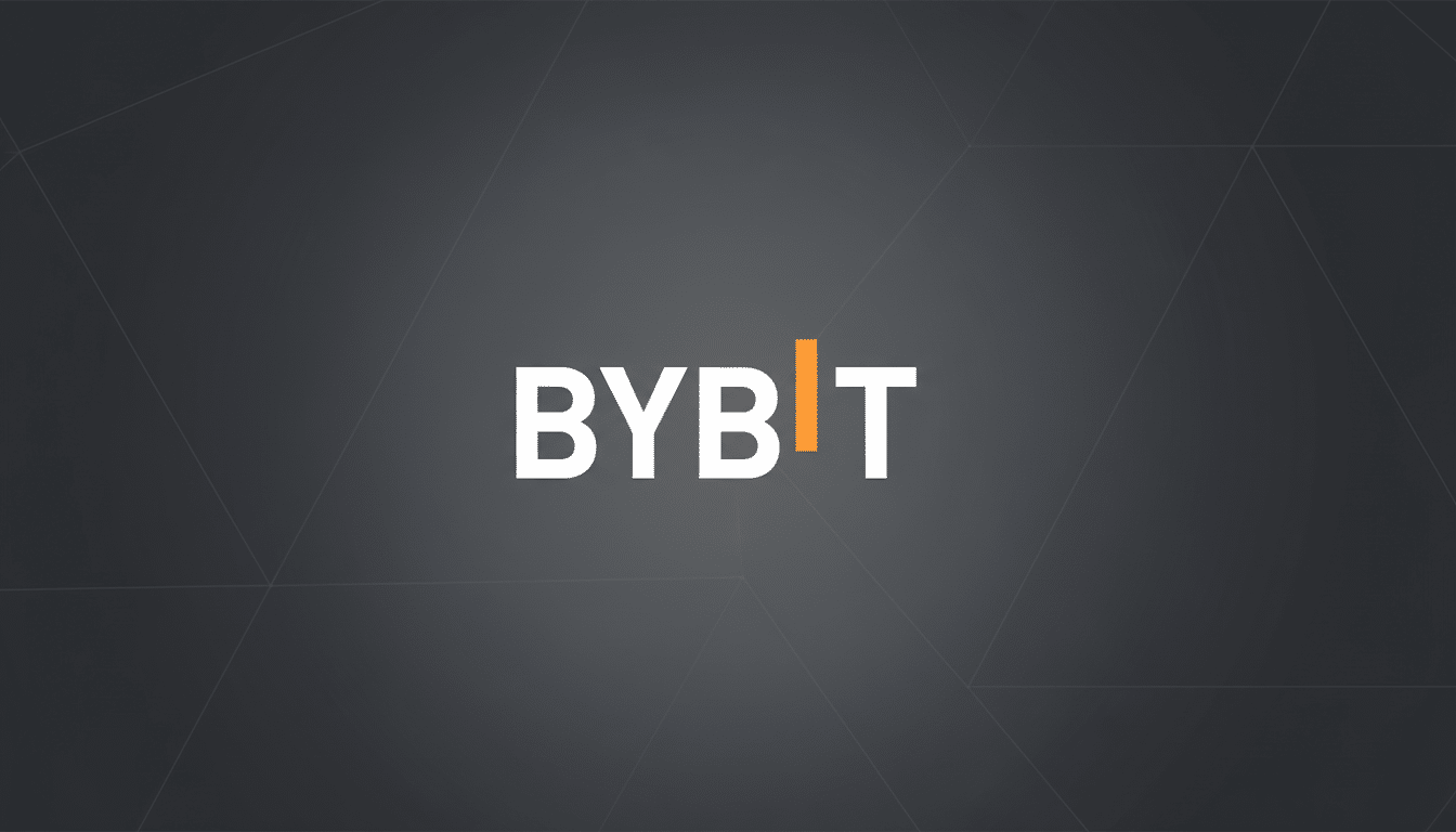 The Bybit logo, featuring white text with an orange vertical line replacing the I, centered on a dark grey background with subtle geometric patterns.