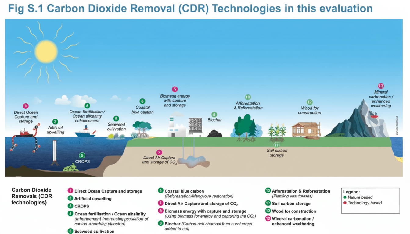 A diagram illustrating various Carbon Dioxide Removal (CDR) technologies, categorized into nature-based and technology-based solutions.