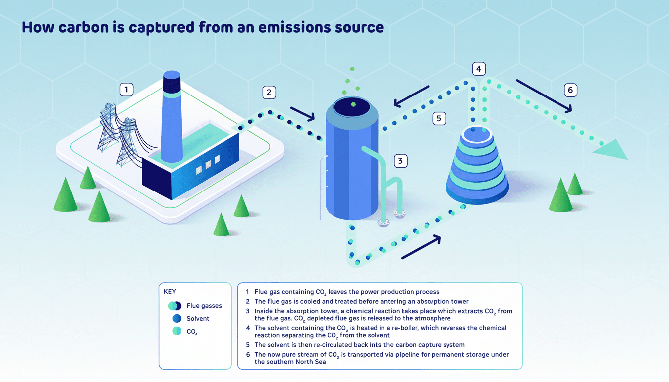 A diagram illustrating the process of carbon capture from an emissions source, showing flue gases entering a power production process, then being cooled and treated before entering an absorption tower where CO2 is extracted. The CO2 is then heated in a re-boiler, re-circulated, and finally transported via pipeline for permanent storage.