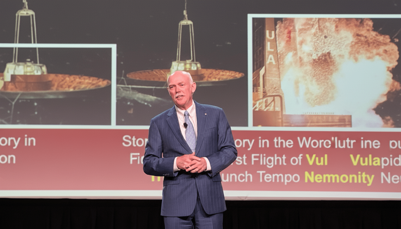 A man in a suit stands on a stage, speaking in front of a large screen displaying images of space technology and text.