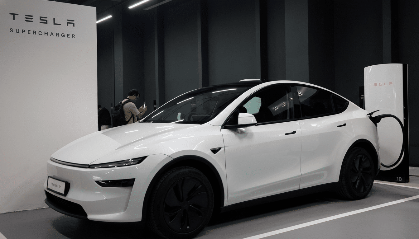 A white Tesla Model Y is parked at a Tesla Supercharger station, with a person in the background.