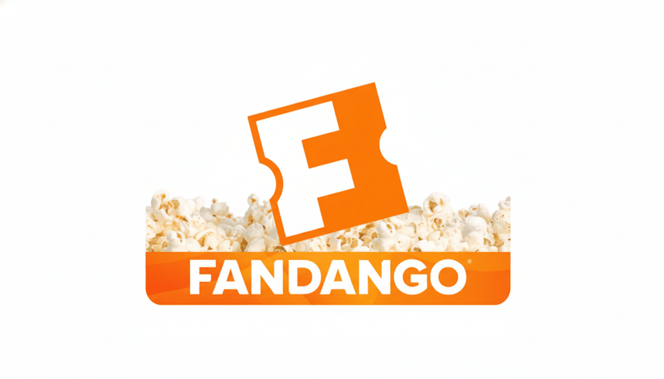 The Fandango logo, featuring an orange movie ticket with a white F on it, rising from a pile of popcorn. Below the popcorn is an orange bar with the word FANDANGO in white. The background is white.