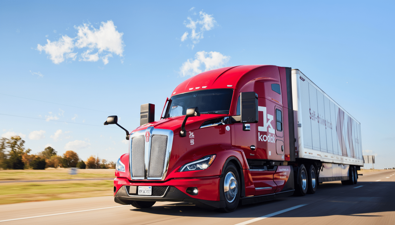 A red Kodiak self-driving truck with a white trailer driving on a highway under a blue sky with white clouds.