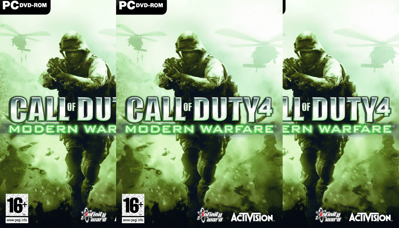 The Call of Duty 4: Modern Warfare game cover, resized to a 16:9 aspect ratio, featuring a soldier in tactical gear holding a rifle, with helicopters in the background and the games title prominently displayed.