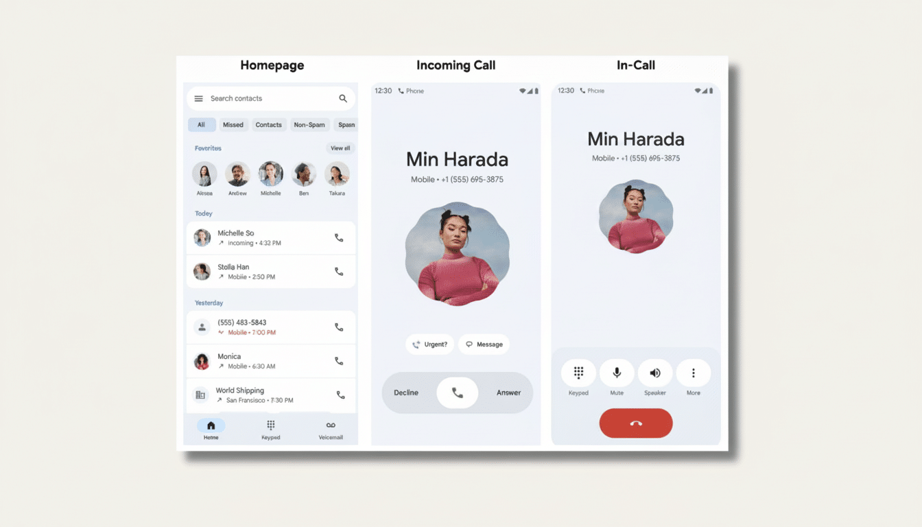 A 16:9 aspect ratio image showing three mobile phone screens: Homepage with a contact list, Incoming Call from Min Harada, and In-Call with Min Harada.