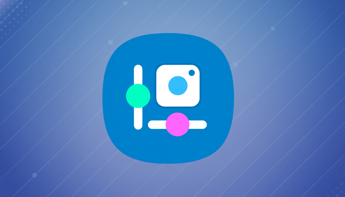 A blue circular icon with a white camera symbol and two white sliders with a green and pink circle, set against a professional flat design background with soft patterns and gradients.