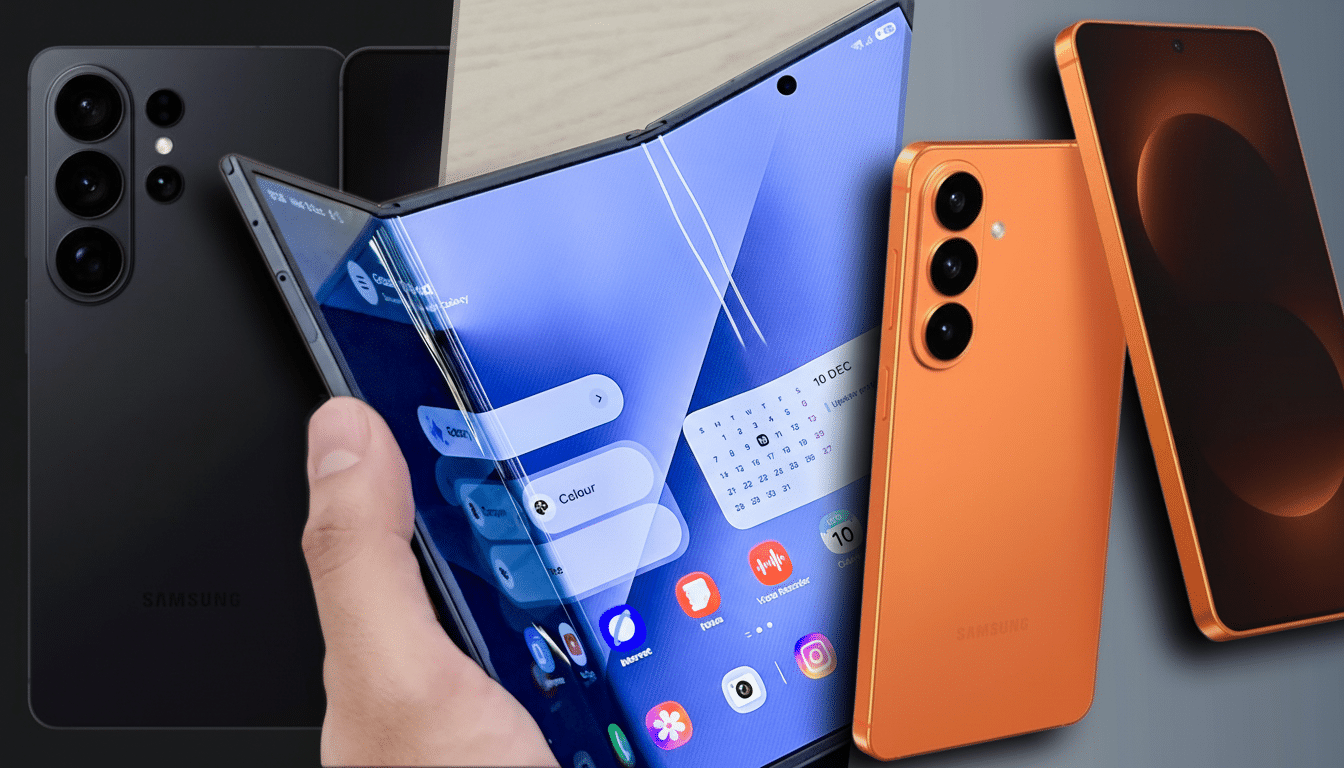 A hand holding a foldable smartphone, with a black smartphone and an orange smartphone on either side, all against a grey background.