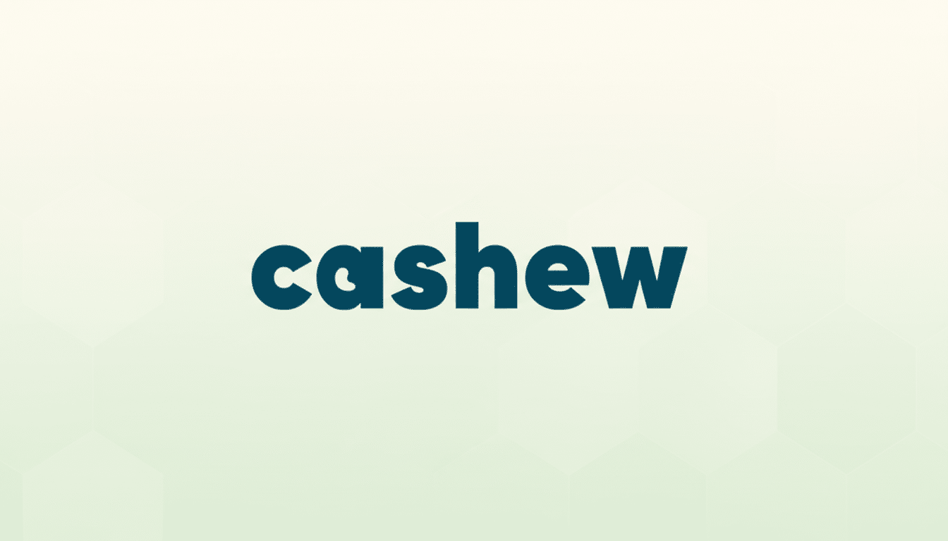 The word cashew in a bold, dark teal font, centered on a light green background with subtle hexagonal patterns.
