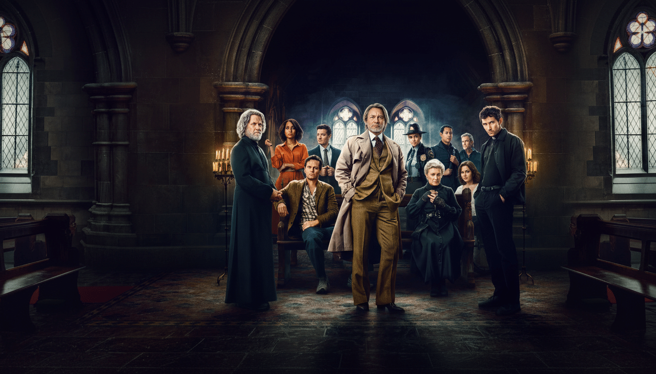 A group of people, including a priest, a detective, and other individuals, are gathered in a dimly lit church, looking towards the viewer.