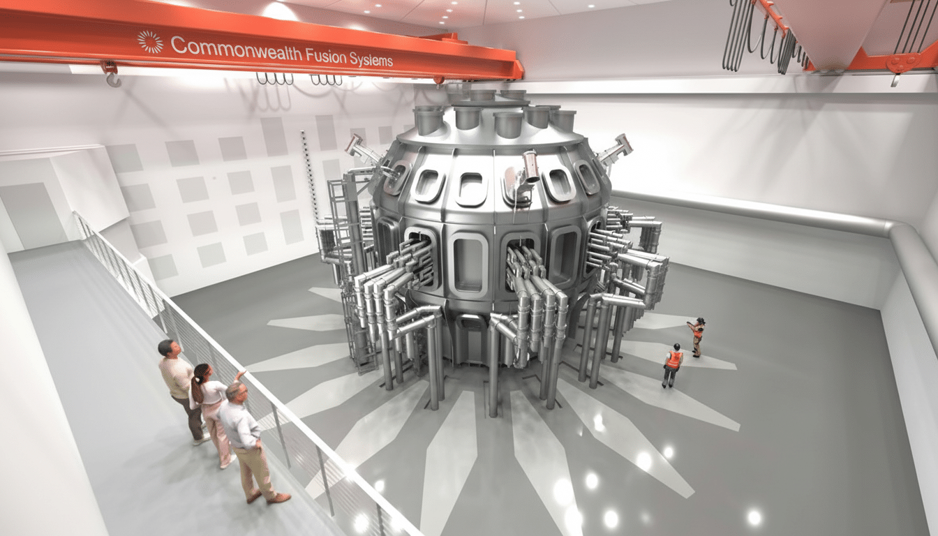 A large, complex fusion reactor with several people observing it in a spacious, well-lit facility.