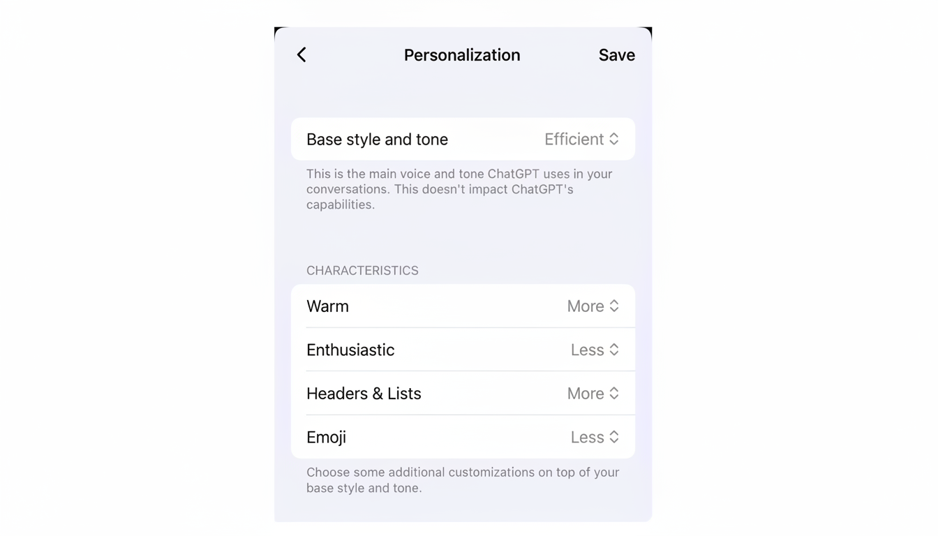 A screenshot of a Personalization screen with options for Base style and tone set to Efficient, and characteristics like Warm, Enthusiastic, Headers & Lists, and Emoji with adjustable settings.
