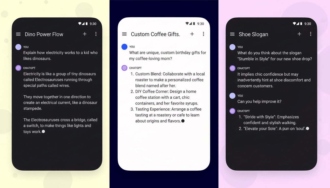 A 16:9 aspect ratio image showing three smartphone screens with chat conversations. The left screen shows a conversation about explaining electricity to a child using a dinosaur analogy. The middle screen displays a conversation about custom coffee gift ideas. The right screen shows a conversation about improving a shoe slogan. The background is a professional flat design with soft patterns and gradients.